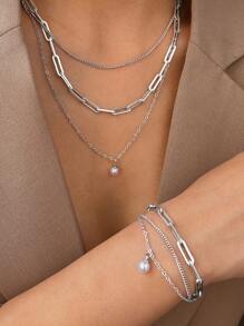 Aomogo 2件套时尚优雅百搭不锈钢多层珍珠心形手链+项链，适合女性随时佩戴 - 項鍊+手鍊 - 查看 5