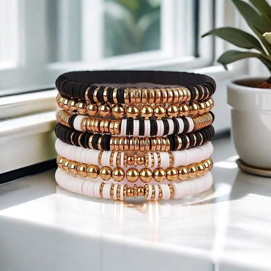 7入組時尚黑白柔軟陶瓷休閒海灘手鍊套裝，熱門彈性手飾，女士禮品 - 金黃色 - 查看 1