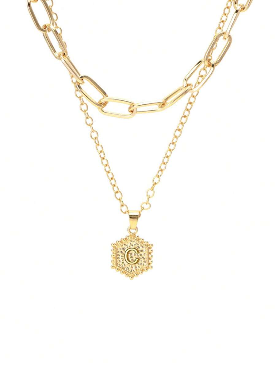 Double Layered Paper Clip Chain + 26 Alphabet Letter Pendant Necklace