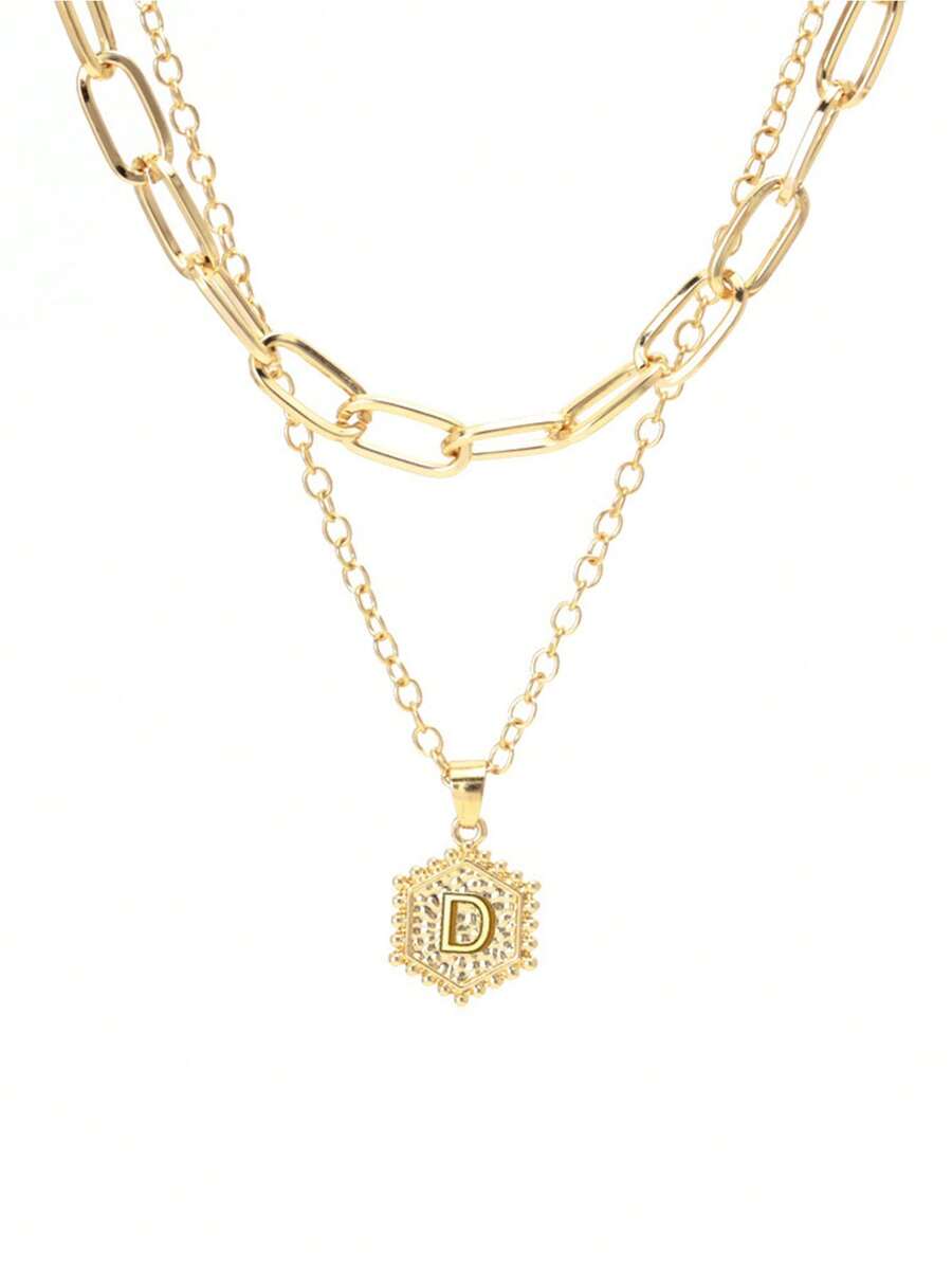 Double Layered Paper Clip Chain + 26 Alphabet Letter Pendant Necklace