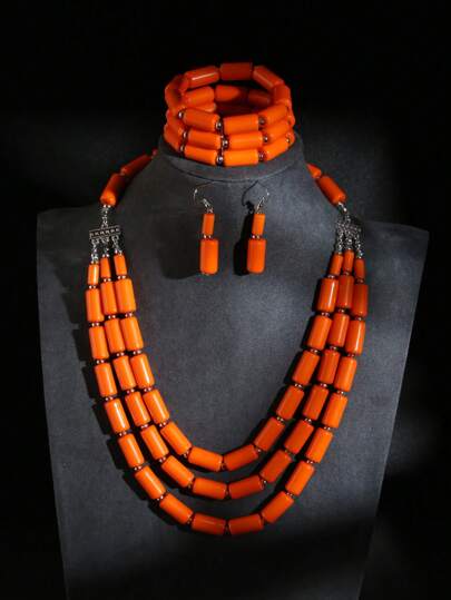 1pc Fashion Handmade Multi-Layered Retro Beaded Necklace With Matching Bracelet And Earrings For Women