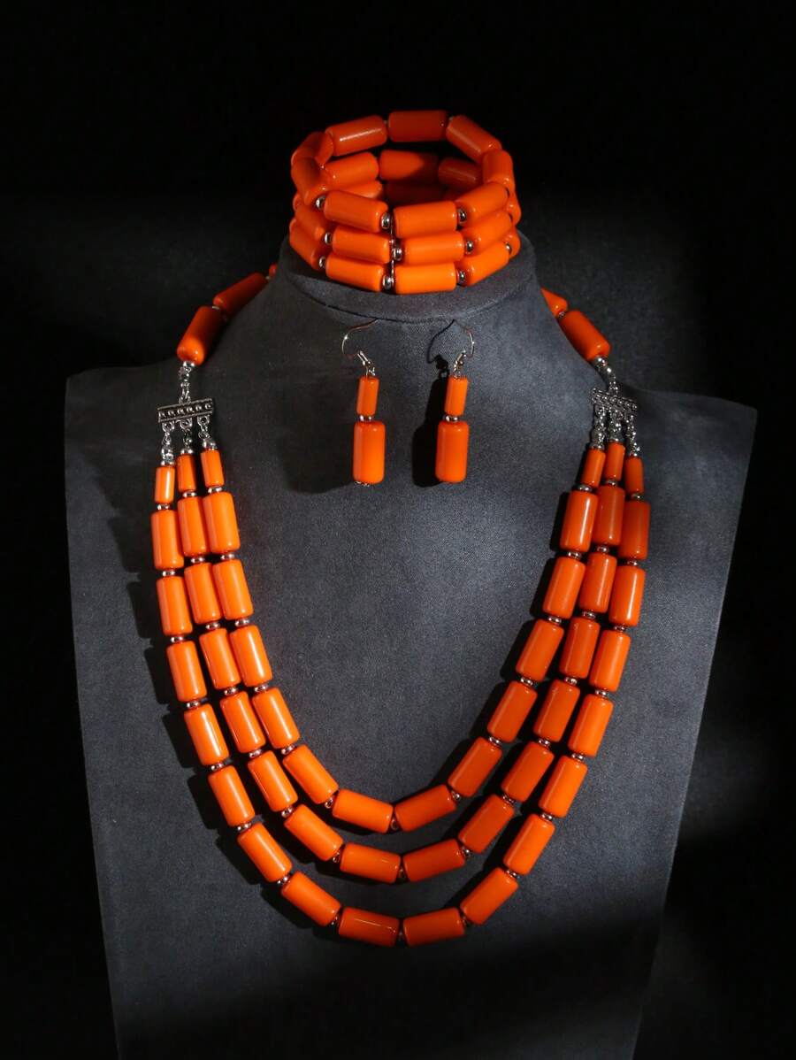 1pc Fashion Handmade Multi-Layered Retro Beaded Necklace With Matching Bracelet And Earrings For Women - 3-piece Set - View 1