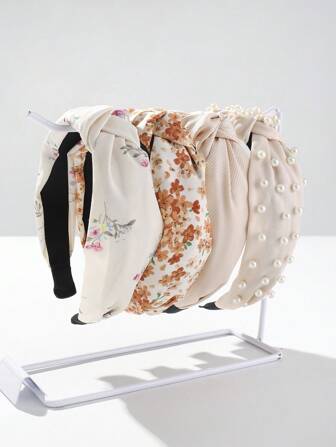 4 st Tygpärlor Schackrutiga Blommiga Bredknutna Eleganta Y2K-Pannband i Enfärgat Rosa, Rosrött, Svart, Gult, Grönt, Blått och Beige Färger Rosa Accessoarer, Hårband, Hårring