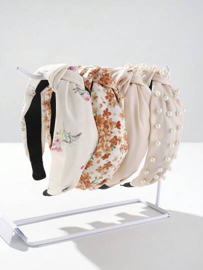 4pcs Fabric Faux Pearls Checkerboard Floral Wide Knotted Elegant Y2K Headbands In Solid Pink, Rose Red, Black, Yellow, Green, Blue And Beige Colors Pink Accessories,Hairband,Hair Hoop Head Accessories Beauty Home Hair Accessories