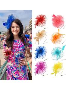 D EXCEED 1/4 件迷人帽子，带花朵网眼丝带羽毛，头带和夹子，适合女士茶会头饰，适合鸡尾酒教堂婚礼派对肯塔基赛马会