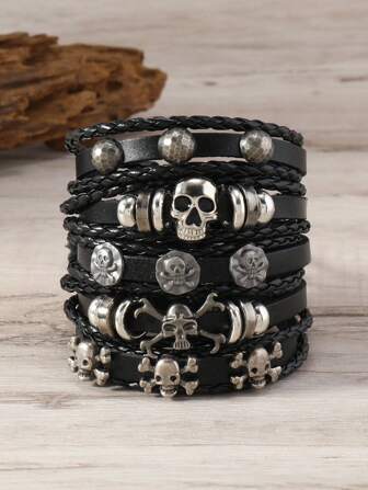 New Hip-Hop Punk Style 5pcs Retro Fashion Braided Leather Skull Head Bracelet Set