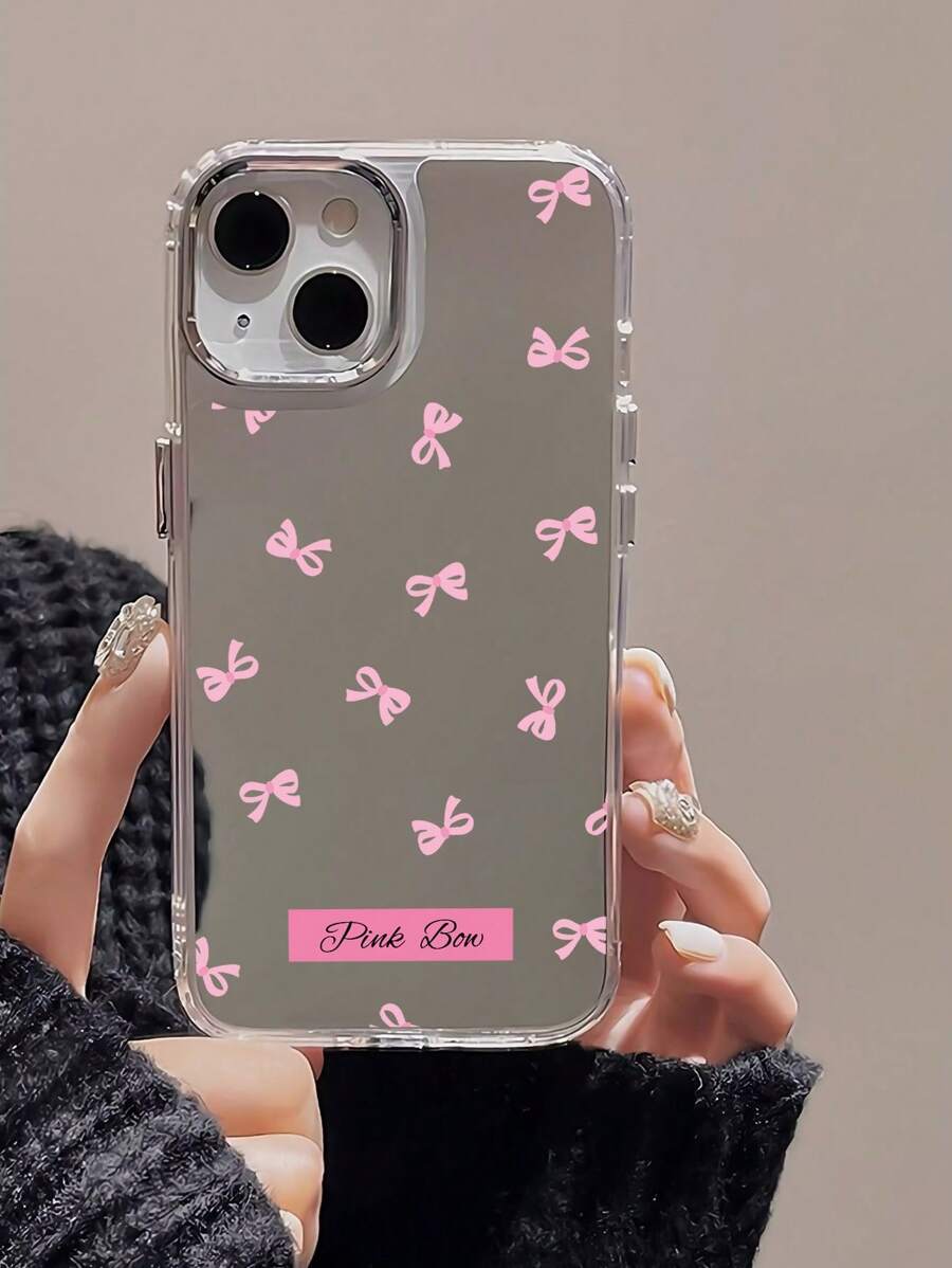 美观 1 件粉色蝴蝶结图案镀镜框独立按钮亚克力镜面手机壳兼容 Apple iPhone，可用作化妆镜 - 彩色 - 查看 1