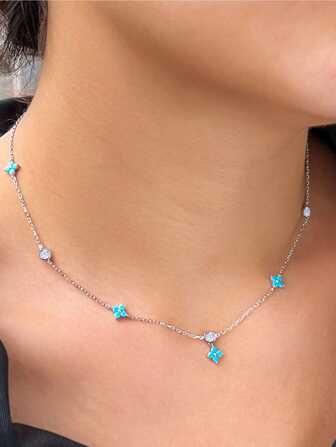 1pc Elegant 925 Sterling Silver Necklace With Round Cubic Zirconia, Blue Turquoise And Lucky Leaf Shaped Charm Pendant For Women's Engagement And Summer Parties