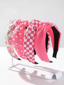 4pcs Fabric Faux Pearls Checkerboard Floral Wide Knotted Elegant Y2K Headbands In Solid Pink, Rose Red, Black, Yellow, Beauty, Home, Hair Accessories - Multicolor - View 2