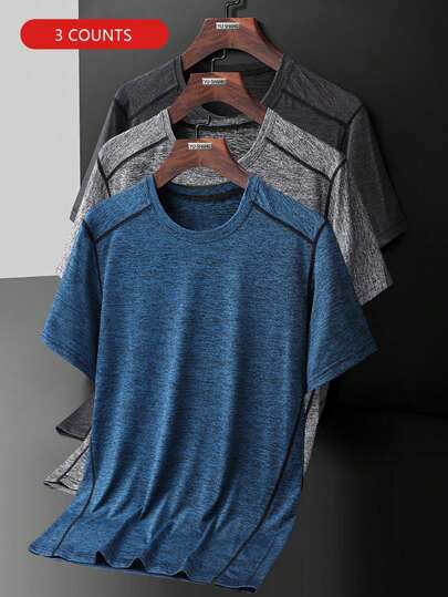 Boyfriend Style Men's Round Neck Outdoor Casual Sports Short Sleeve T-Shirt Set Of 3 (Dark Grey+Grey+Slate Blue)