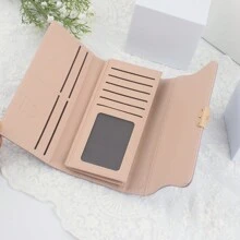 Dompet Wanita Lipat Tiga Warna Polos dengan Gesper, Tas Clutch Multifungsi Kapasitas Besar untuk Wanita, Dompet Panjang, Dompet Pergelangan Tangan - Mauve Purple - View 5