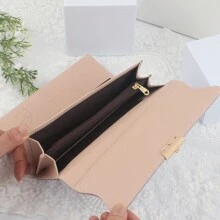 Dompet Wanita Lipat Tiga Warna Polos dengan Gesper, Tas Clutch Multifungsi Kapasitas Besar untuk Wanita, Dompet Panjang, Dompet Pergelangan Tangan - Mauve Purple - View 6
