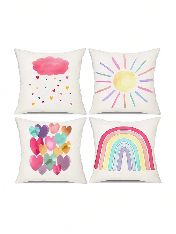 1pc/4pcs Super Soft Decorative Pillowcase, Cartoon Weather Heart Rainbow Sun Print, Suitable For Car, Clothing Store, Home Decoration Usage, Bedroom Cushion Cover, Living Room Sofa Pillowcase (Pillow Core Not Included)