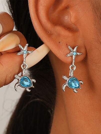 2pcs Beach-Style Fashionable Starfish & Blue Turtles Stud Earrings For Women, Perfect For Summer Ocean-Themed Accessories