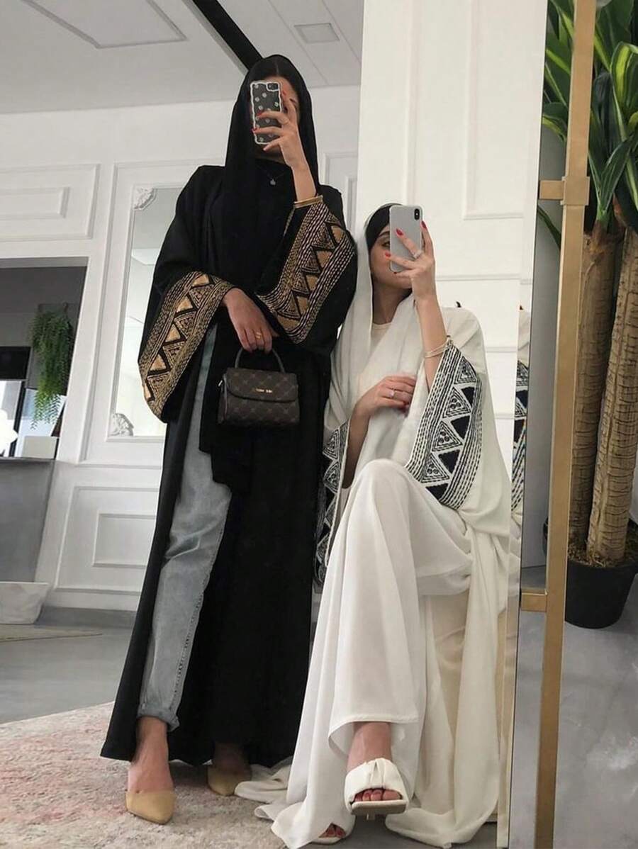 1pc Women's Embroidery Fashion Open Cardigan, Loose Black & White Abaya