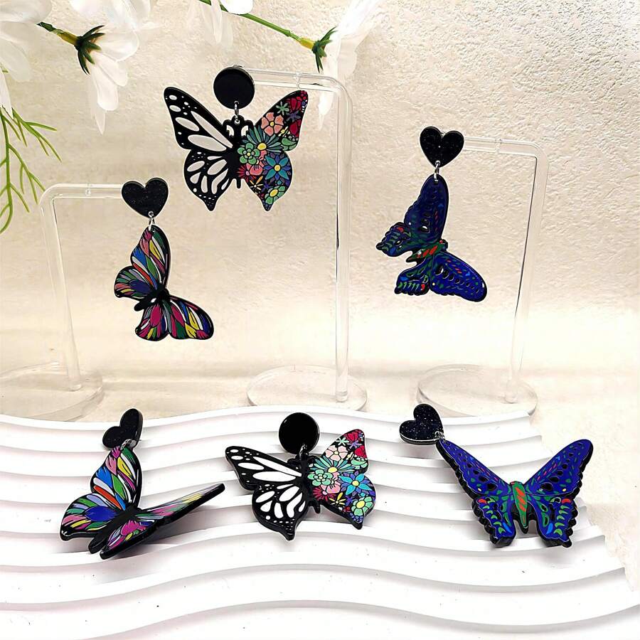 1 đôi Bông tai mặt dây chuyền nhiều màu hình hoa và bướm bằng nhựa acrylic hợp thời trang theo phong cách Bohemian, hoàn hảo cho trang phục hàng ngày của phụ nữ và bữa tiệc bãi biển mùa hè - hoa bướm - Xem 1