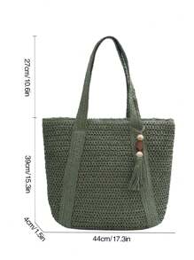 New Arrival torba plażowa o dużej pojemności z tkanej słomy, prosta i swobodna torba na ramię w stylu francuskim do codziennego użytku - Zielony - Zobacz 5