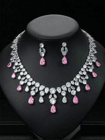 1set/3pcs European And American Luxury Water Drop Cubic Zirconia Necklace And Earring Set For Women, Party Or Festival Dress Accessories