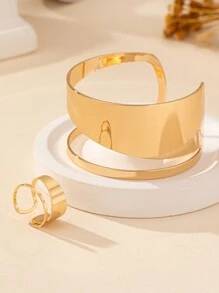 1pc Chic Fashion Geometric Bangle And 1pc Geometric Ring - Yellow Gold - View 4