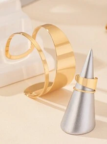 1pc Chic Fashion Geometric Bangle And 1pc Geometric Ring - Yellow Gold - View 3