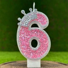 Pink Glittering Crown Shaped Number Birthday Candle With Silver Edge And Rhinestones, Romantic Atmosphere Cake Decoration For 1st Birthday Celebration Party, Back To School Valentine Day - Multicolor - View 17