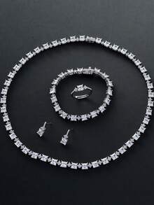 1 Set de Joyería con Cubos de Circonita Cúbica, Collar, Aretes, Anillo Ajustable, Pulsera, Regalo de Moda para el Día de San Valentín para Mujeres, Apto para Uso Diario