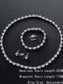1 Set de Joyería con Cubos de Circonita Cúbica, Collar, Aretes, Anillo Ajustable, Pulsera, Regalo de Moda para el Día de San Valentín para Mujeres, Apto para Uso Diario