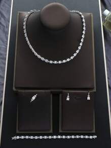 1 Set de Joyería con Cubos de Circonita Cúbica, Collar, Aretes, Anillo Ajustable, Pulsera, Regalo de Moda para el Día de San Valentín para Mujeres, Apto para Uso Diario