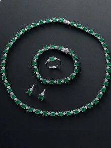 1 Set de Joyería con Cubos de Circonita Cúbica, Collar, Aretes, Anillo Ajustable, Pulsera, Regalo de Moda para el Día de San Valentín para Mujeres, Apto para Uso Diario