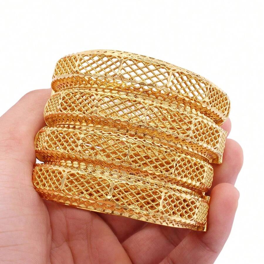1 件女士 24K 镀金开口手镯，节日风格，时尚珠宝，迪拜、沙特阿拉伯母亲节、欧洲和美国奢华新娘的礼物 - 金色 - 查看 1