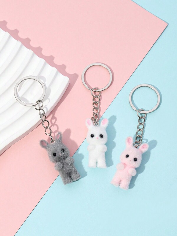 Set de 3 llaveros de peluche 3D adorables con conejos y gatitos, llaveros de animales de dibujos animados, recuerdo conmemorativo, llavero de pareja, pequeño regalo para fiestas, accesorio de coche, adorno de bolso, escuela