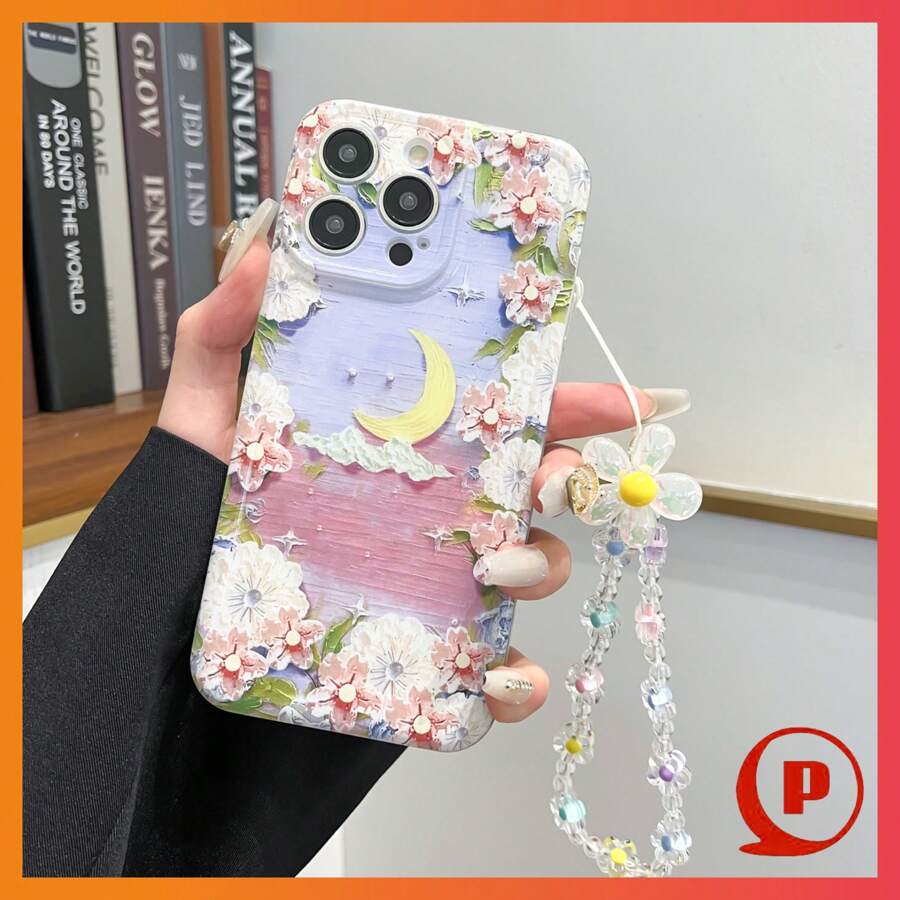 苹果奢华电镀TPU防摔保护手机壳+蓝光油画花月挂件+清新花卉透明珠链挂绳+全套手机壳，国际版，非国内版 - 彩色 - 查看 1