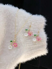 1入粉色花卉繪畫吊墜耳環和項鍊套裝，淡雅清新，適合春夏日常穿著，完美適合女士 - 彩色 - 查看 7