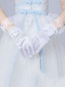 1 Pair Girls' White Satin Bow Lace High-End Gloves, Suitable For Wedding Dress, Photo Shooting, Stage Performance, Princess, Flower Girl, Birthday, Super Stretchy Five-Finger Gloves
