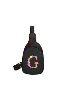 1 件迷你男孩和女孩尼龙拉链时尚胸包，字母印花休闲包适合日常使用 - 黑色 - 查看 18