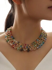1pc Fashionable Triple Row Braided Crystal Bead Women's Necklace