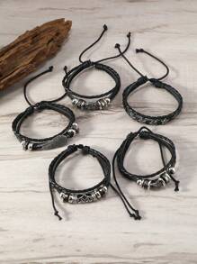 Set Of 5 Black Summer New Fashion Personalized DIY Leather Bracelets With Five-Pointed Star, Wings & Floral Design, Handmade Braided Vintage Style Leather Bracelet Set For Men And Women