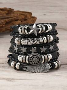 Set Of 5 Black Summer New Fashion Personalized DIY Leather Bracelets With Five-Pointed Star, Wings & Floral Design, Handmade Braided Vintage Style Leather Bracelet Set For Men And Women