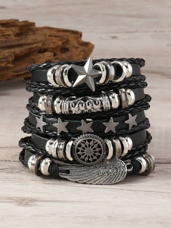 Set Of 5 Black Summer New Fashion Personalized DIY Leather Bracelets With Five-Pointed Star, Wings & Floral Design, Handmade Braided Vintage Style Leather Bracelet Set For Men And Women