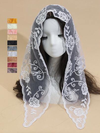 1 件女士多色蕾丝刺绣花卉围巾，春夏秋季新款时尚优雅三角披肩，复古日常百搭防晒头巾配饰女情人节