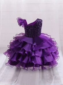 Baby Girl Sequin Bow Decoration Layered Ruffled Cake Dress, Elegant Party Dress Suitable For Birthday Party, Wedding, Not Including Hair Accessory