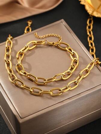 Aomogo Set de pulsera y collar de cadena gruesa de acero inoxidable simple y retro de 2 piezas, unisex, adecuado para cualquier ocasión