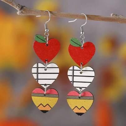 1pair Vintage Apple, Book, Pencil, Heart, Tassel Shaped Wooden Double-Sided Earrings, Perfect For Back To School, Graduation, Teacher, Student Gifts Valentines