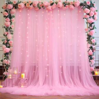 6pcs (1pc Luminous White Sheer Curtain + 5pcs LED String Lights), 500*160 Cm Chiffon Backdrop For Wedding Decoration, Organza Curtain For Party, Home Decor & Photography Studio Back To School Valentine Day
