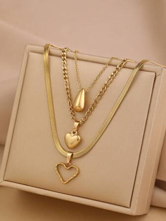 3pcs Stainless Steel Gold, One Melon Seed Pendant Necklace, Two Love Pendant Necklaces, Women's Necklace Set, Suitable For Daily Wear Valentines,Mom,Mother,Mother's Day,Gift