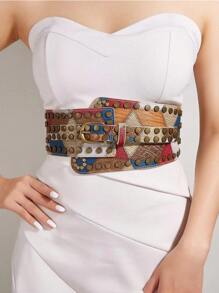 1 pieza Cinturón elástico de mujer con remaches de colores vintage, para faldas, blazers y decoración de vestidos, para uso occidental, vaquero, vaquera y de país, color marrón vintage