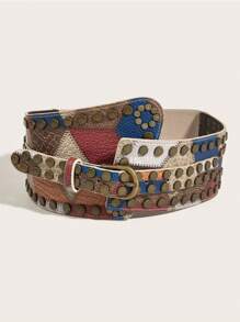 1 pieza Cinturón elástico de mujer con remaches de colores vintage, para faldas, blazers y decoración de vestidos, para uso occidental, vaquero, vaquera y de país, color marrón vintage