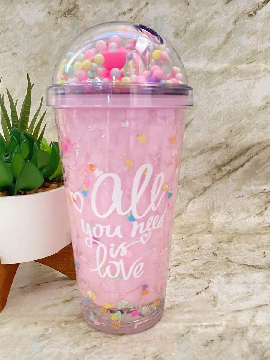 Tazas para Picnic, Bonita Taza De Agua, Taza de Hielo con Lentejuelas Coloridas con Diseño de Arcoíris para Niñas, Fiesta de Cumpleaños, Botella de Agua con Popote y Tapa, Vaso de Viaje, Taza para Congelador. - Rosa - Ver 1