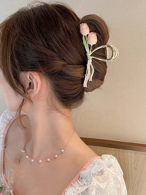 1 Peça Presilha de Cabelo Garra Rosa em Formato de Flor de Tulipa para Mulheres, Acessório de Cabelo Dia dos Namorados