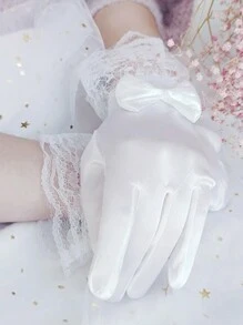 1 Pair Girls' White Satin Bow Lace High-End Gloves, Suitable For Wedding Dress, Photo Shooting, Stage Performance, Princess, Flower Girl, Birthday, Super Stretchy Five-Finger Gloves